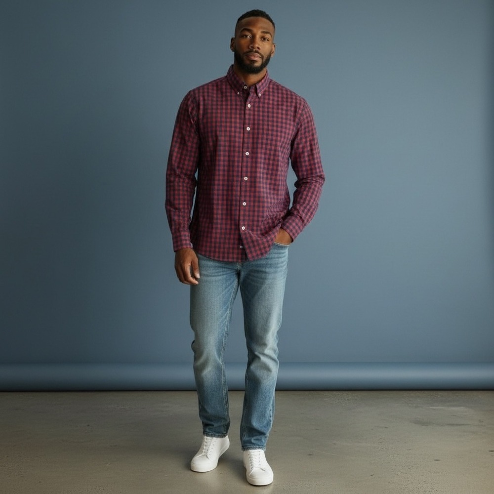 UNTUCKit Mens Slim Fit Red Navy Gingham Button Down Long Sleeve Shirt Medium‎